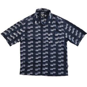 Rocawear Shirt Men's L NavyBlue Button Up Short Sleeve Casual All Over Print EUC